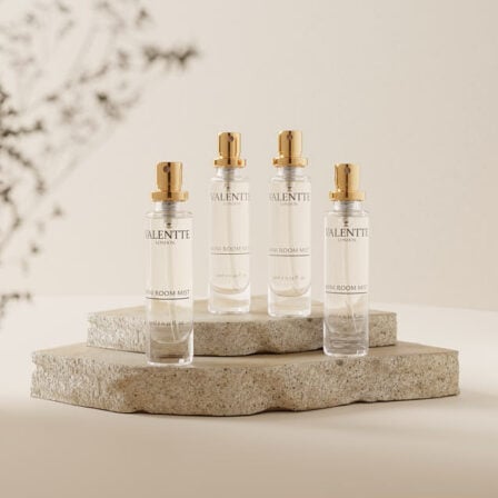 Our 4 Mini mists on some slate, with a light floral background