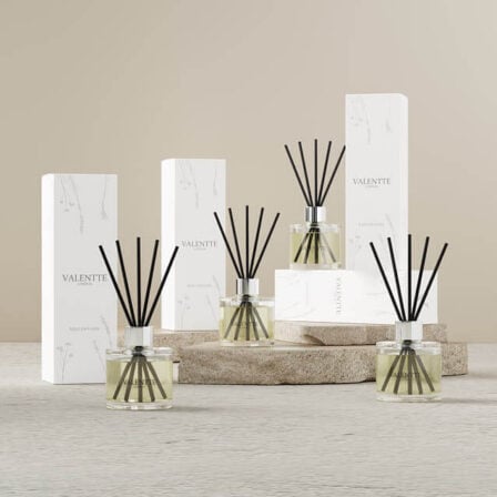 Picture of our Buy 2 get 2 free bundle, showing 4 diffusers on plinths with their boxes